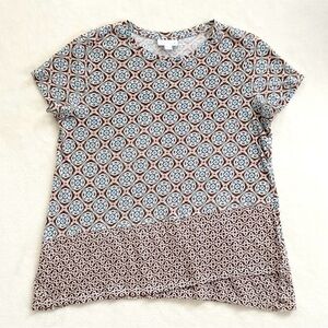 J.Jill Love Linen Medallion Print Top Petite Small Brown Blue Contrast Hem